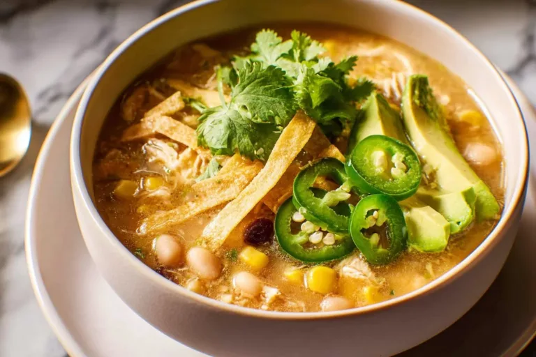 Bowl of healthy white chicken chili topped with cilantro and avocado