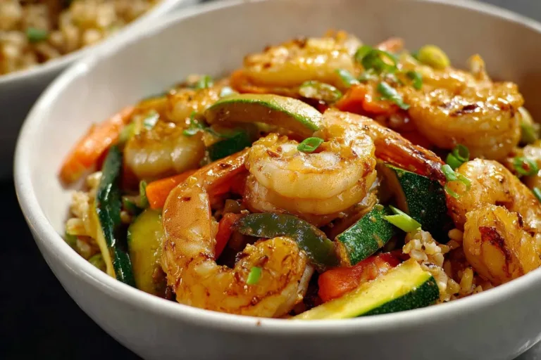 Delicious Hibachi Shrimp Rice Bowl with grilled shrimp, rice, and vegetables