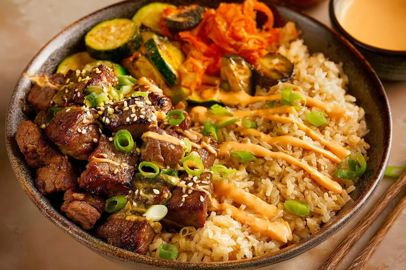 Hibachi Steak Bowl with grilled steak, vegetables, and rice