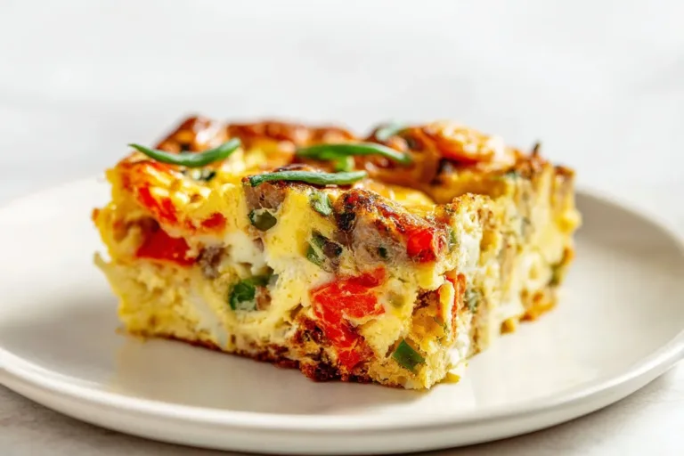 High protein cottage cheese egg bake with sausage on a plate