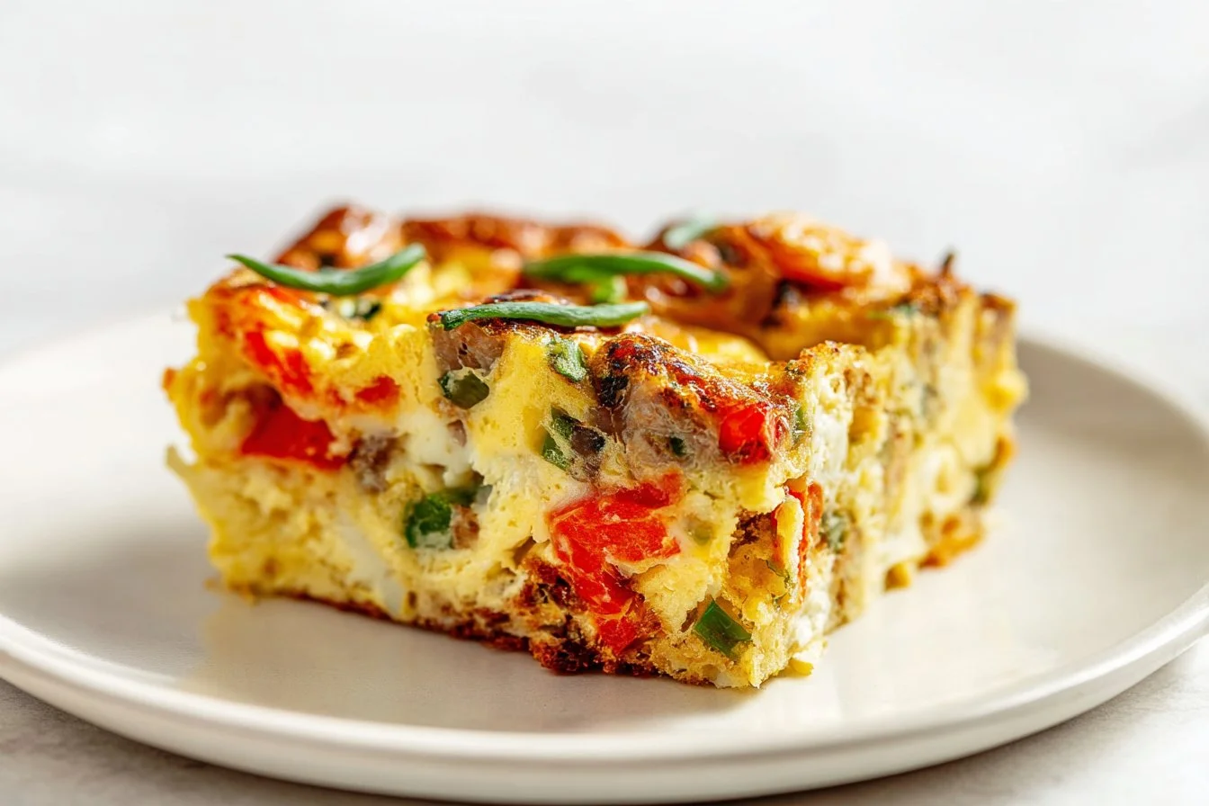High protein cottage cheese egg bake with sausage on a plate