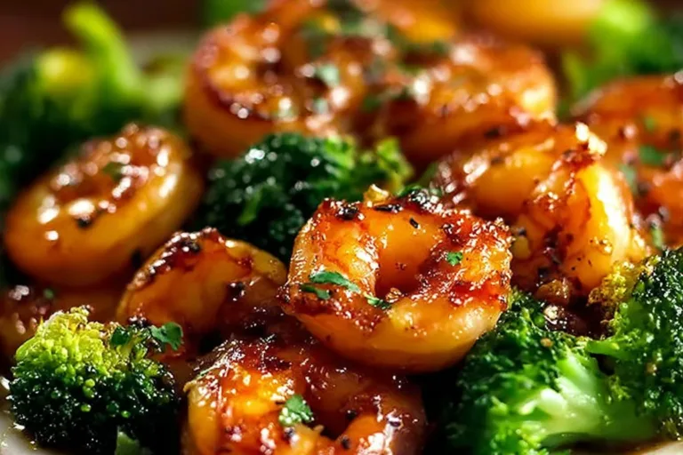 High protein honey garlic shrimp dish served on a plate with herbs.