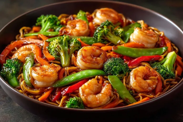 High-protein shrimp stir fry with colorful vegetables and noodles