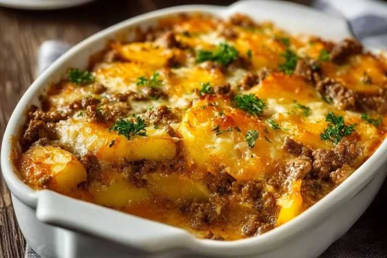 A savory Hobo Casserole featuring ground beef, potatoes, and vegetables.