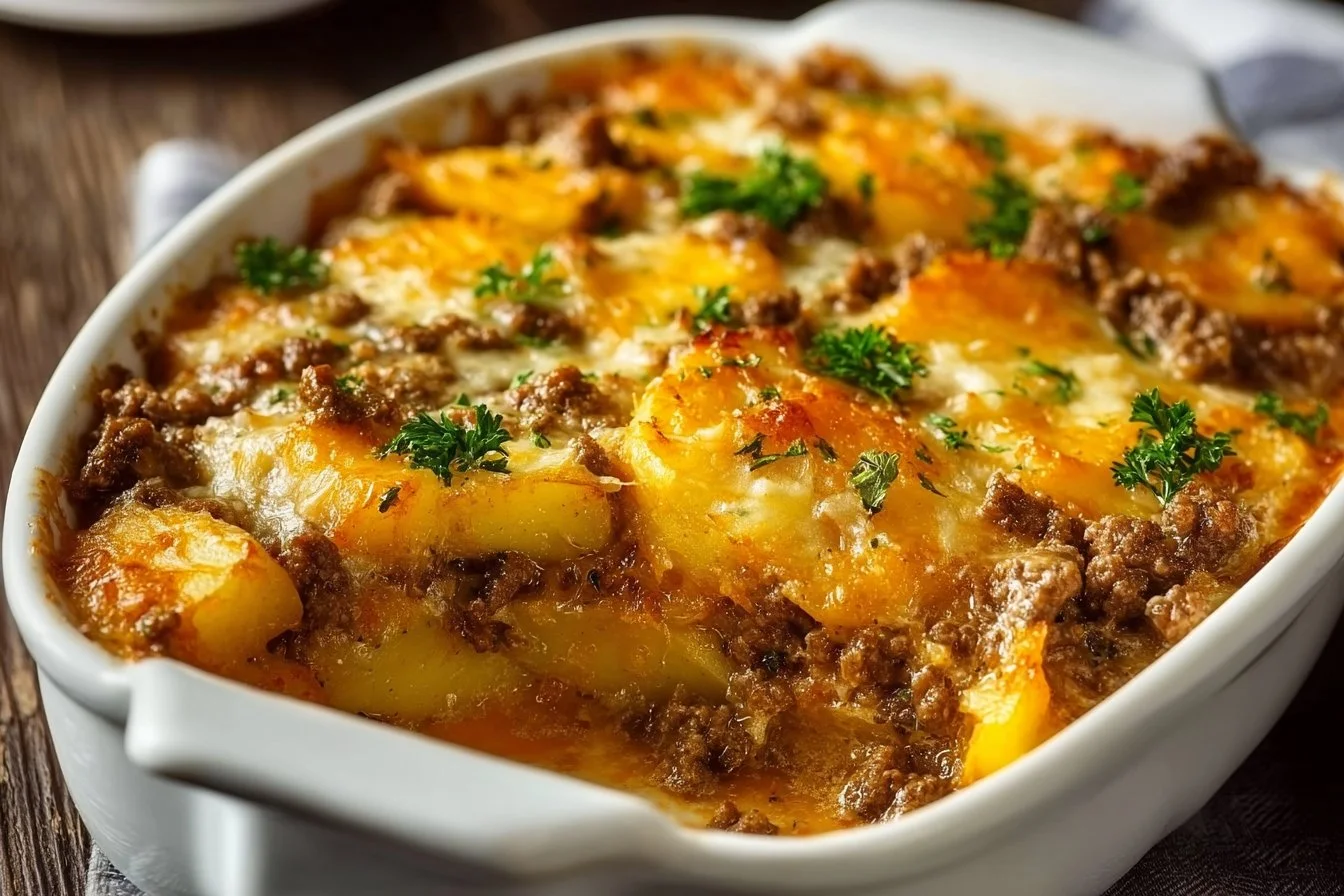 A savory Hobo Casserole featuring ground beef, potatoes, and vegetables.