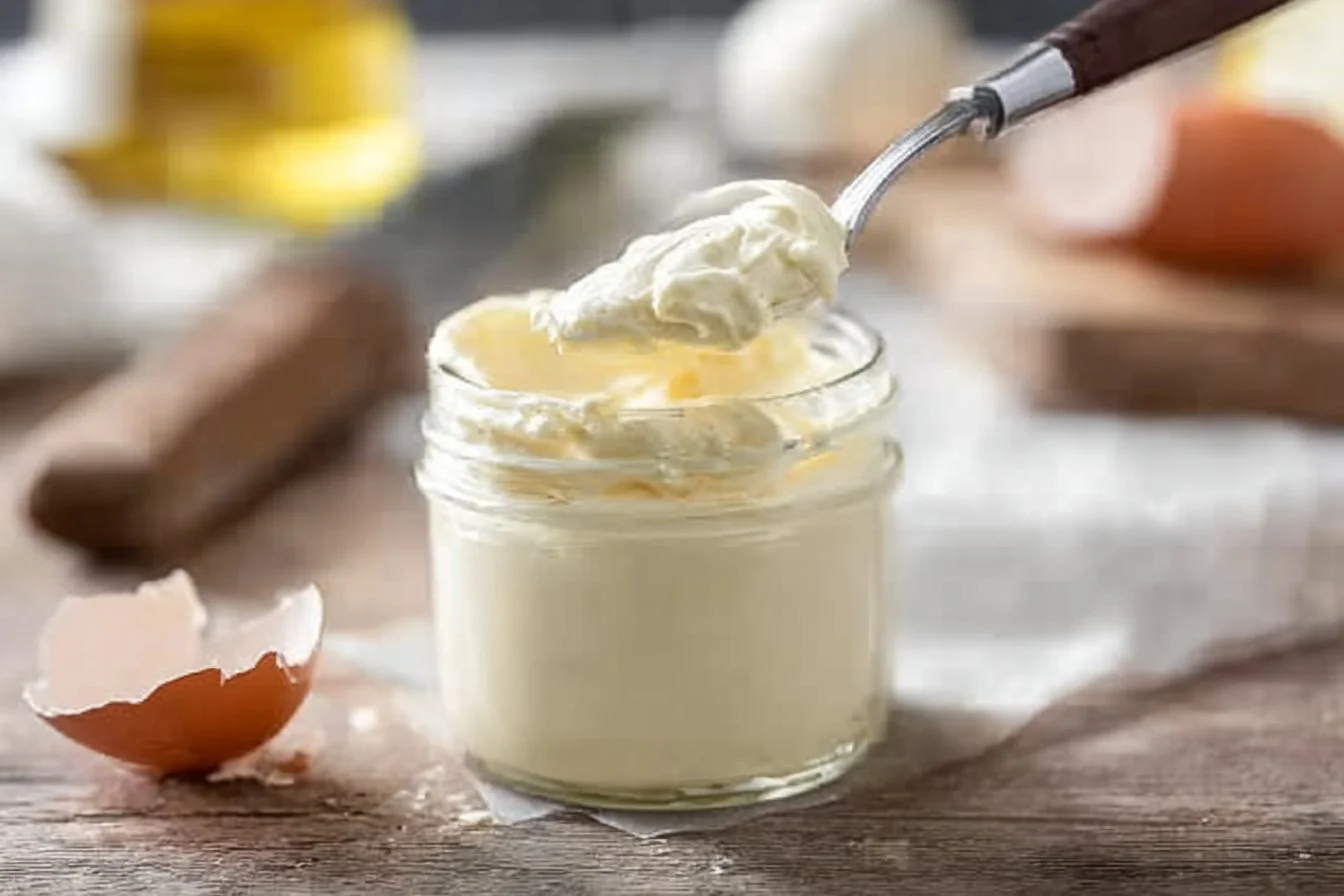 Bowl of homemade Keto Mayonnaise with fresh ingredients