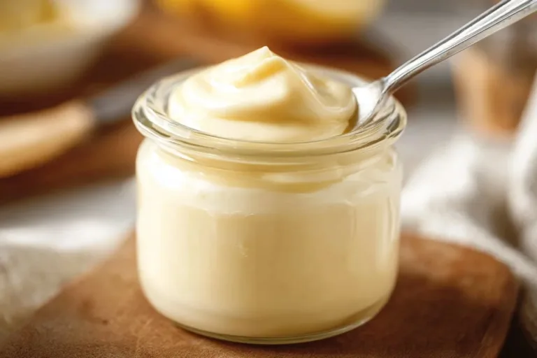 Jar of homemade mayonnaise with fresh ingredients on a wooden table