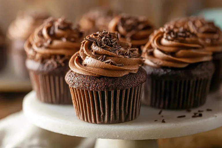 Delicious homemade moist chocolate cupcakes topped with chocolate frosting