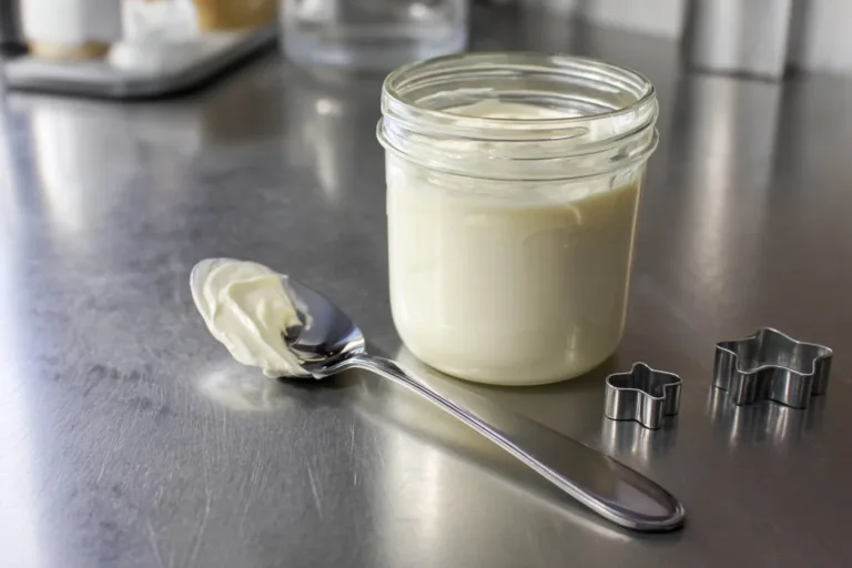 Homemade olive oil mayonnaise in a glass jar with fresh ingredients.