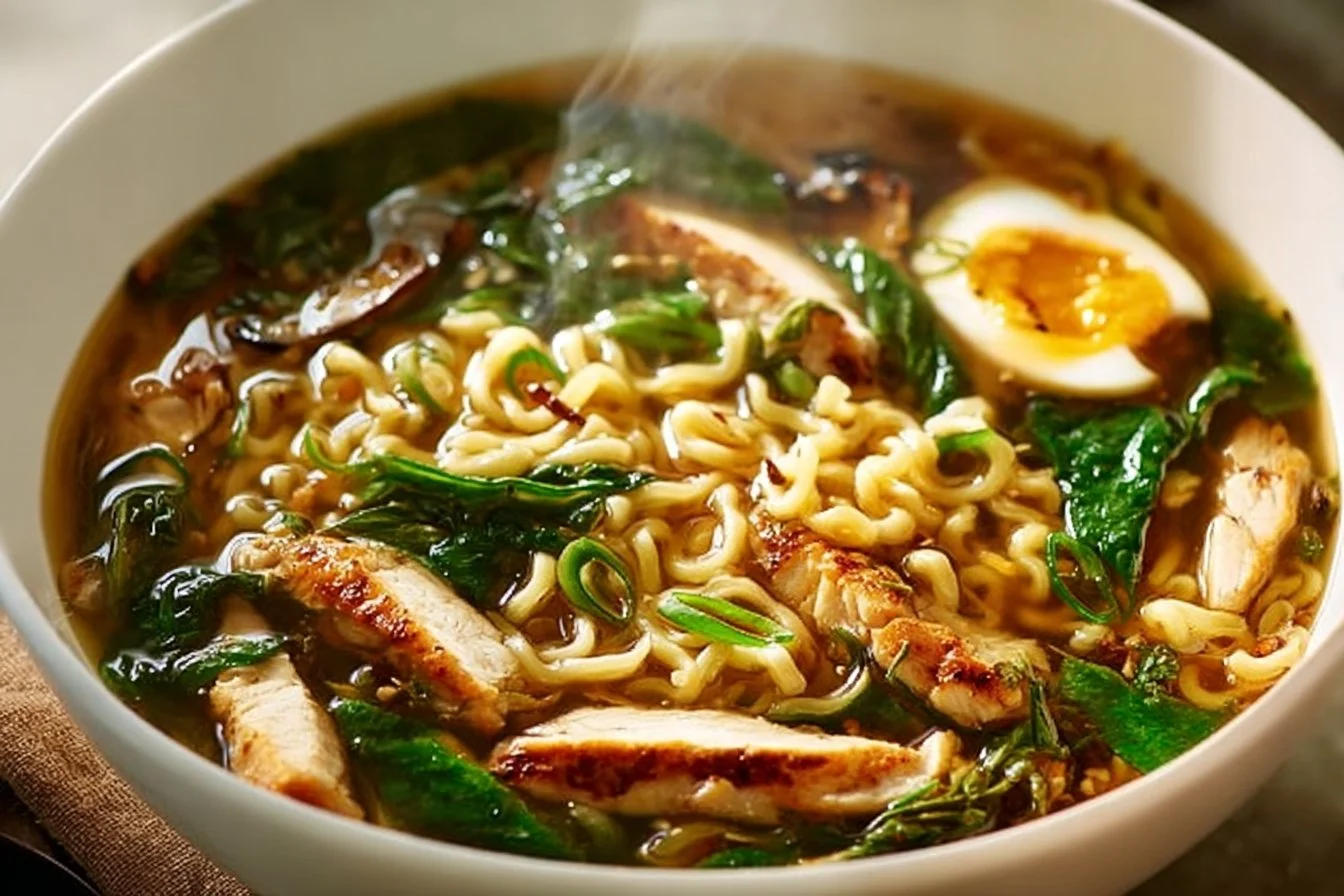 Bowl of homemade ramen with fresh ingredients and toppings