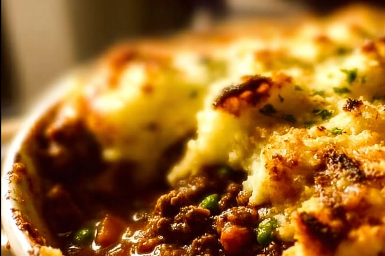 Delicious homemade Shepherd's Pie served with a golden mashed potato topping