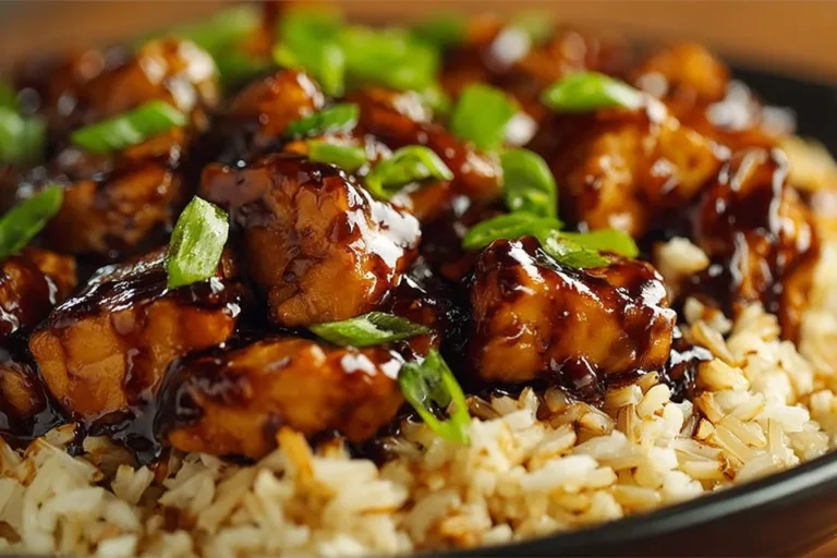 Plate of Honey BBQ Chicken Rice garnished with herbs