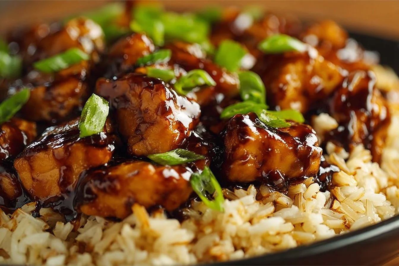 Plate of Honey BBQ Chicken Rice garnished with herbs