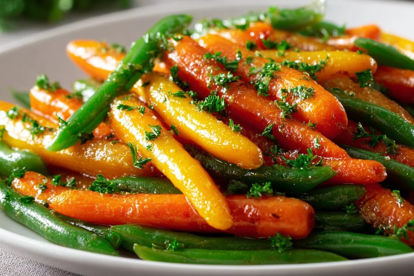 A dish of honey glazed carrots and green beans, showcasing vibrant colors and a delicious glaze.