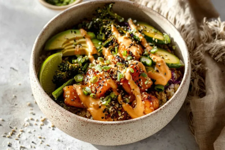Honey glazed salmon served over rice with vegetables in a bowl