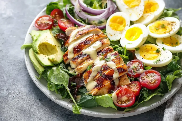 Honey Mustard Chicken Cobb Salad with fresh vegetables and dressing