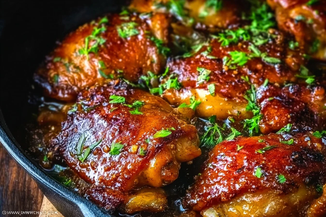 Juicy honey soy chicken thighs garnished with green onions on a platter