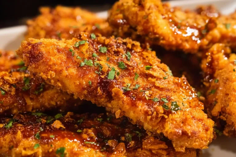 Delicious Hot Honey Air Fryer Chicken Tenders garnished with honey drizzle.