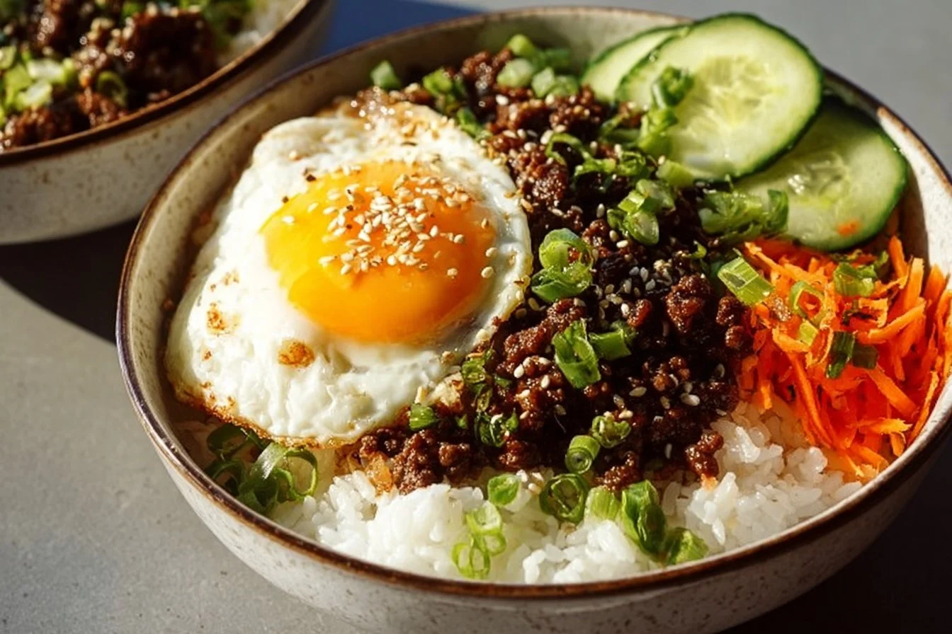 Delicious Korean Ground Beef Bowl served in a rustic bowl with fresh vegetables