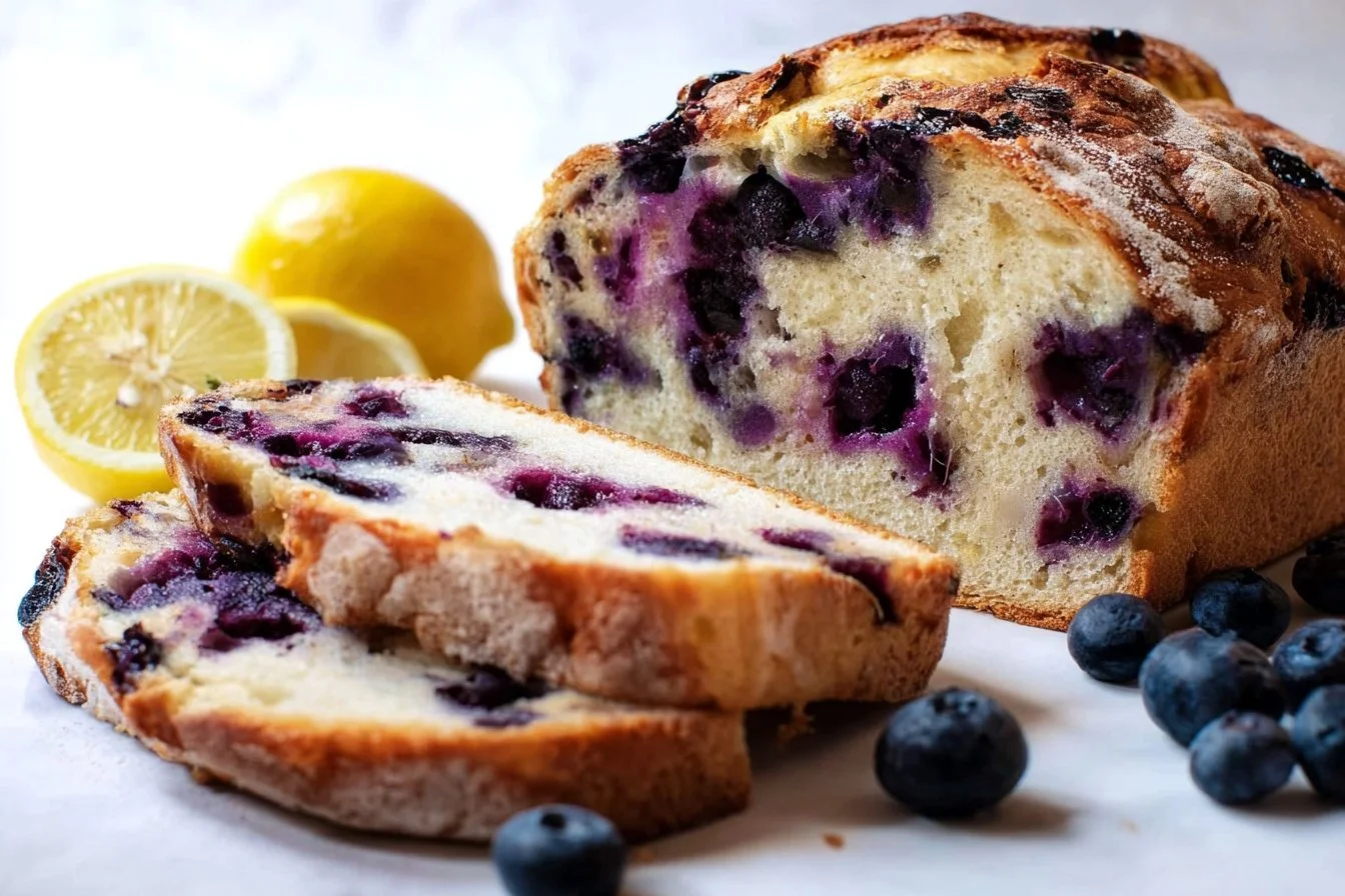 Lemon Blueberry Sourdough Bread with fresh ingredients on a wooden table