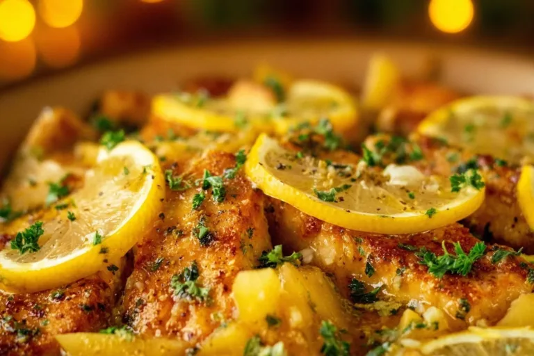 Plate of Lemon Chicken drizzled with bright Lemon Butter Sauce