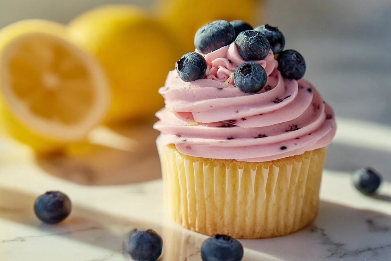 Lemon cupcakes with blueberry buttercream on a decorative platter