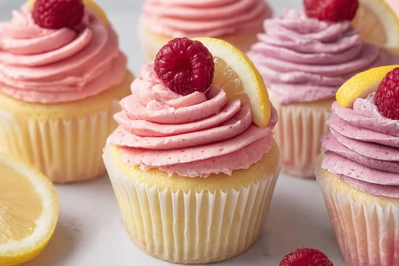 Delicious lemon cupcakes with raspberry buttercream frosting on a rustic table.