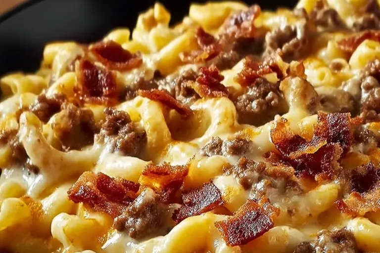 Loaded Bacon Cheeseburger Alfredo Pasta served in a bowl, topped with bacon and cheese.