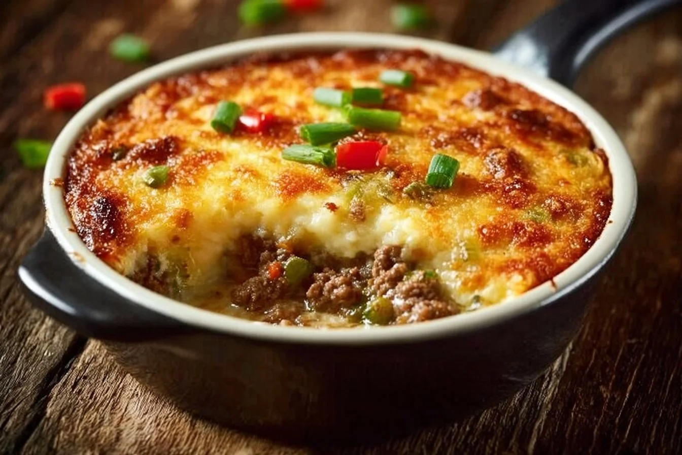 Low carb Philly cheesesteak casserole topped with melted cheese and peppers