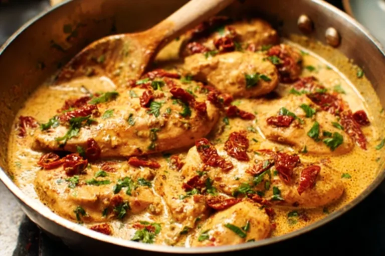 A plate of Marry Me Chicken served with herbs and vegetables.