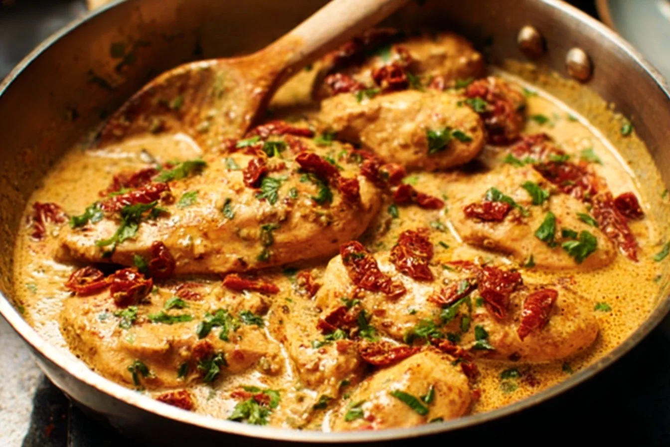 A plate of Marry Me Chicken served with herbs and vegetables.