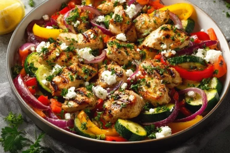 Mediterranean chicken stir fry with colorful vegetables in a skillet