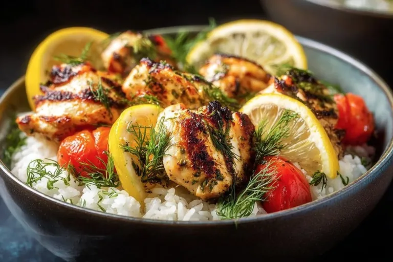 Mediterranean lemon dill chicken bowls served with fresh vegetables and rice