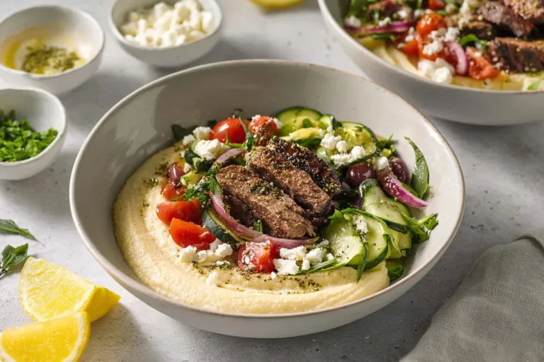 Delicious Mediterranean steak bowls served with fresh vegetables and grains