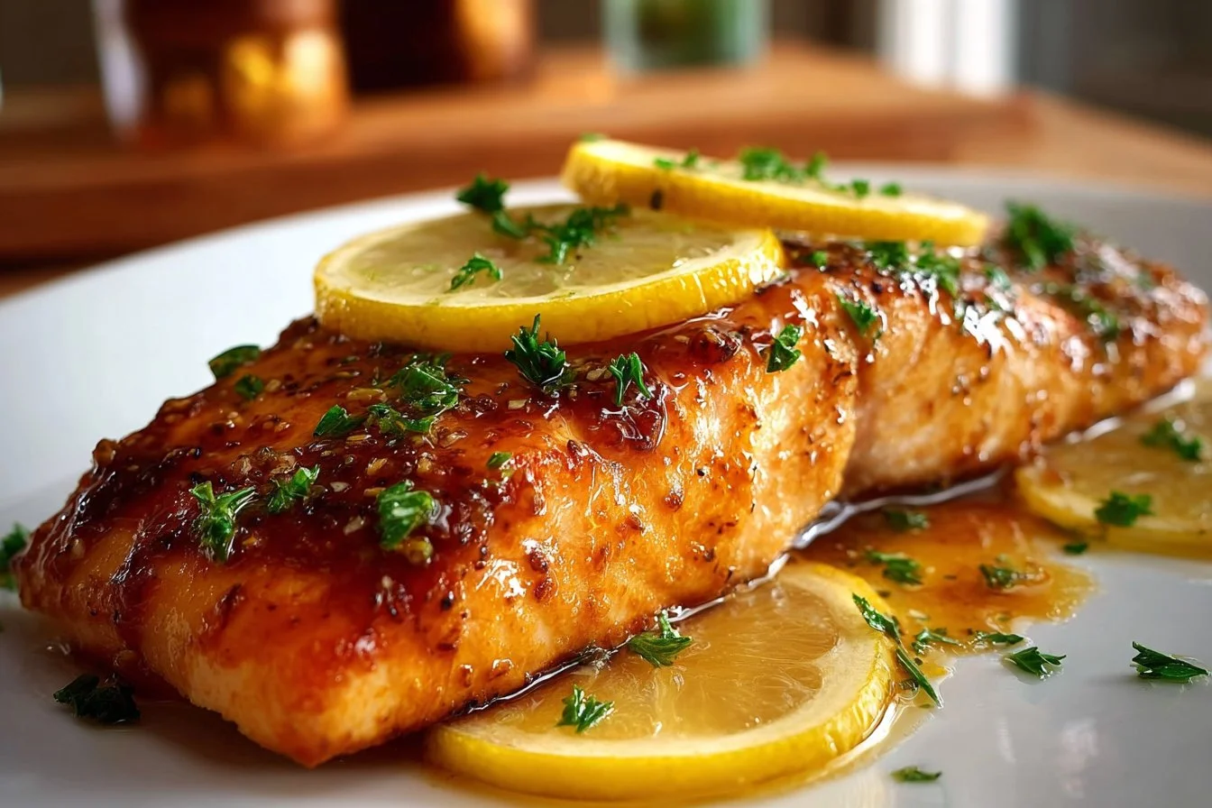 Baked honey garlic butter salmon on a plate garnished with herbs