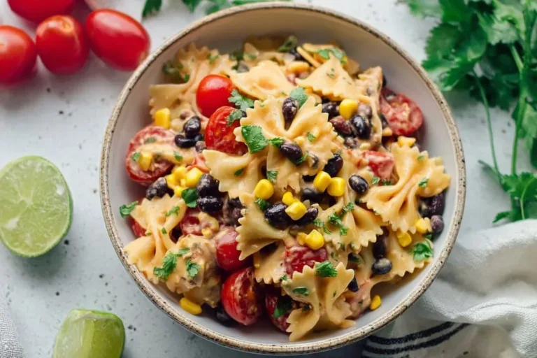 Colorful Mexican Pasta Salad with fresh vegetables and cilantro dressing