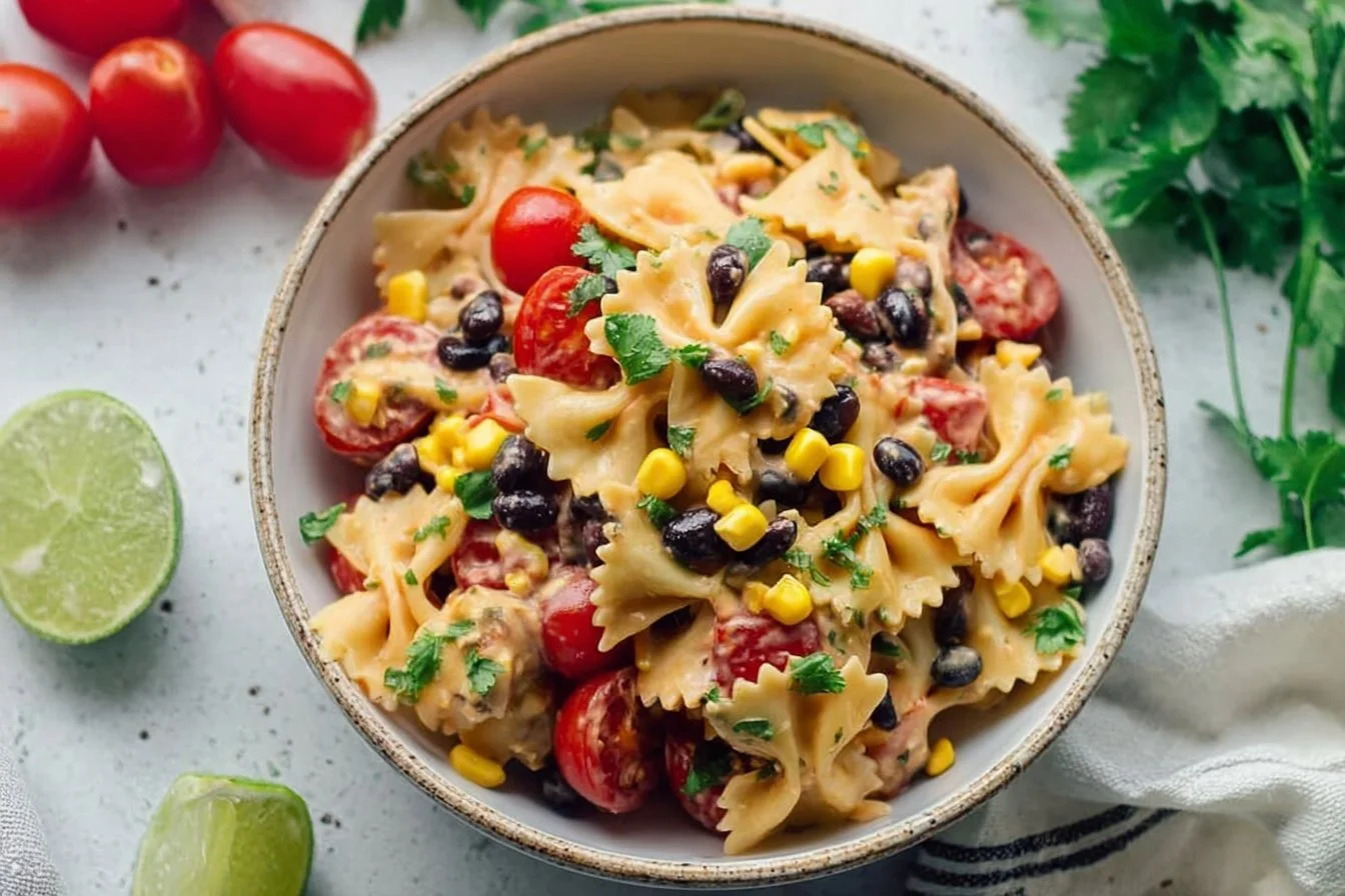 Colorful Mexican Pasta Salad with fresh vegetables and cilantro dressing