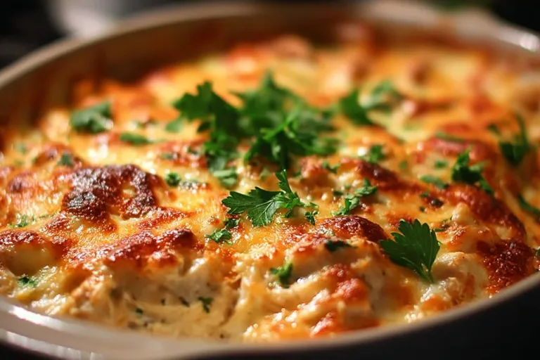 Delicious Million Dollar Chicken Casserole topped with cheese and breadcrumbs