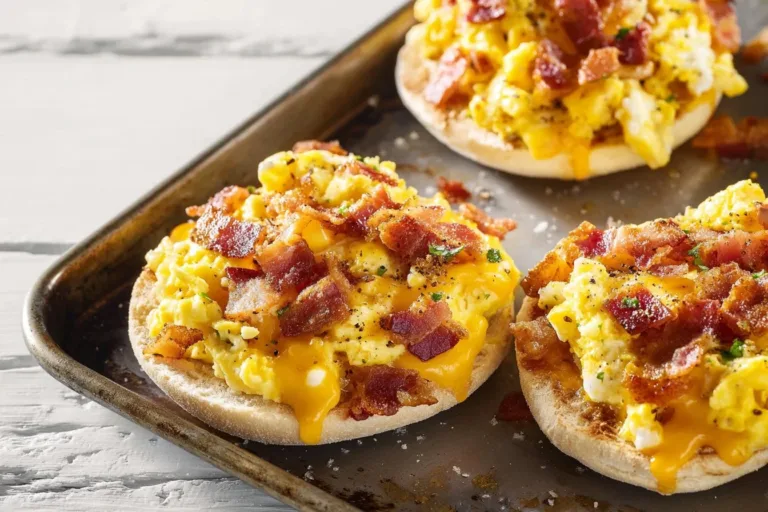 Mini breakfast pizzas with eggs, cheese, and toppings on a crispy crust