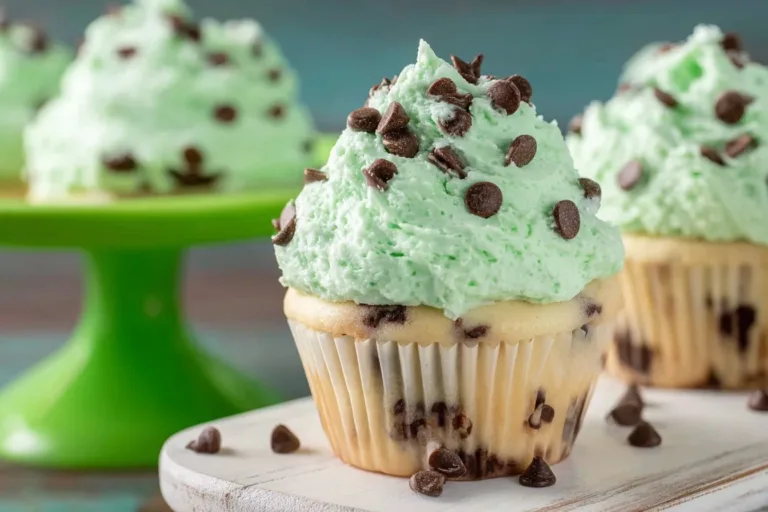 Mint chocolate chip buttercream frosting on a cupcake
