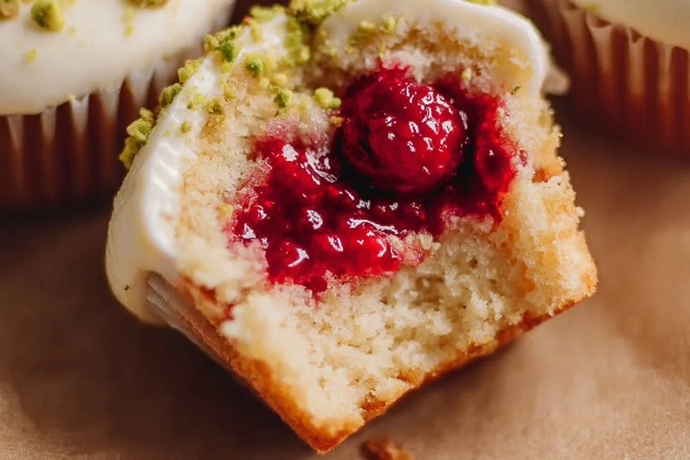 Moist lemon cupcakes filled with raspberry, topped with creamy frosting.