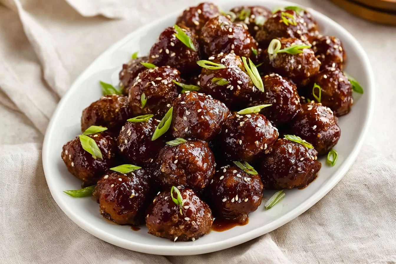 Plate of Mongolian Beef Meatballs garnished with green onions and sesame seeds.