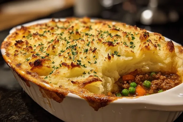 Delicious homemade Shepherd's Pie with mashed potatoes and ground meat.