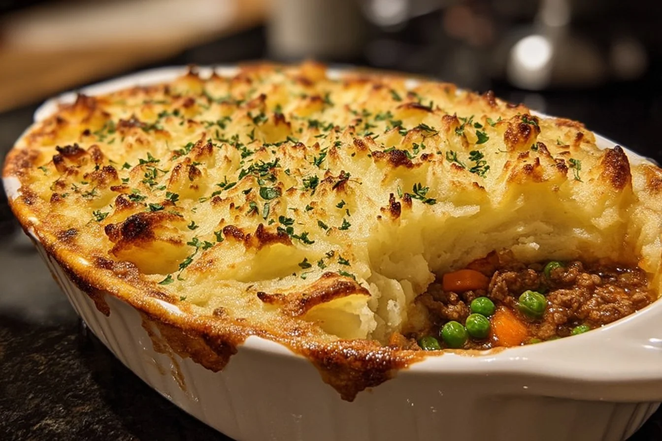 Delicious homemade Shepherd's Pie with mashed potatoes and ground meat.