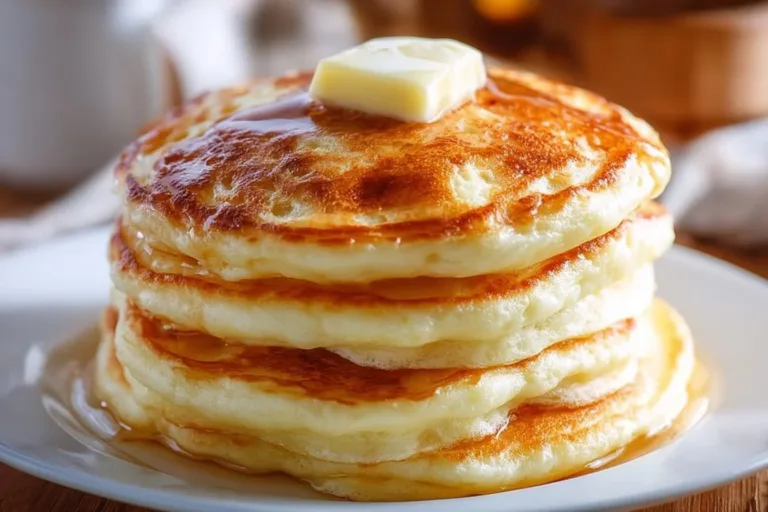 Stack of fluffy pancakes with syrup and berries on a plate