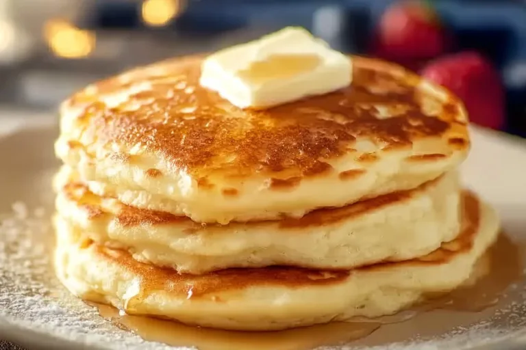 Stack of old-fashioned pancakes served with syrup and fresh berries