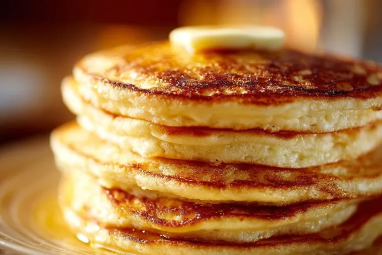 Stack of old-fashioned pancakes topped with syrup and berries