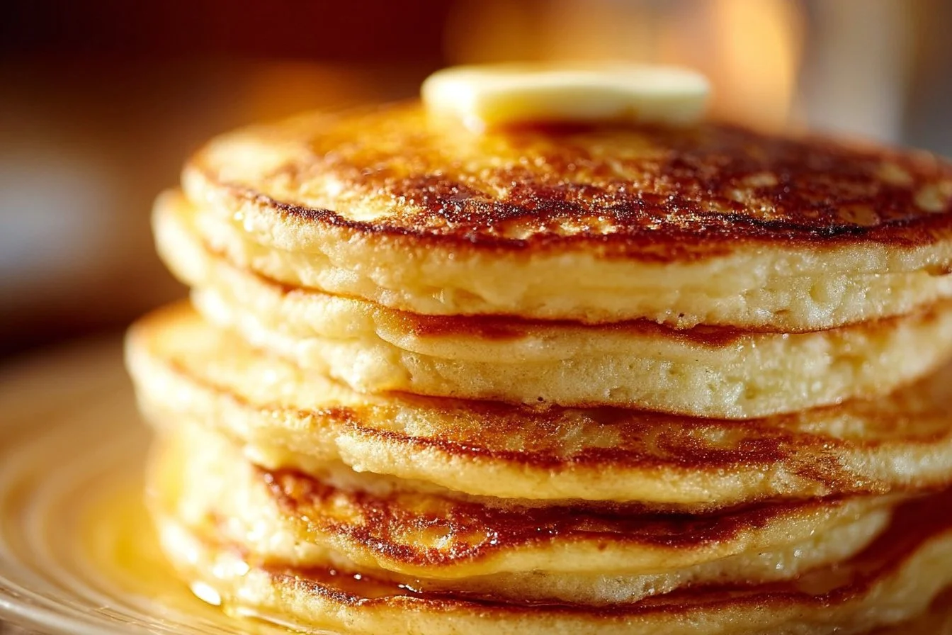 Stack of old-fashioned pancakes topped with syrup and berries