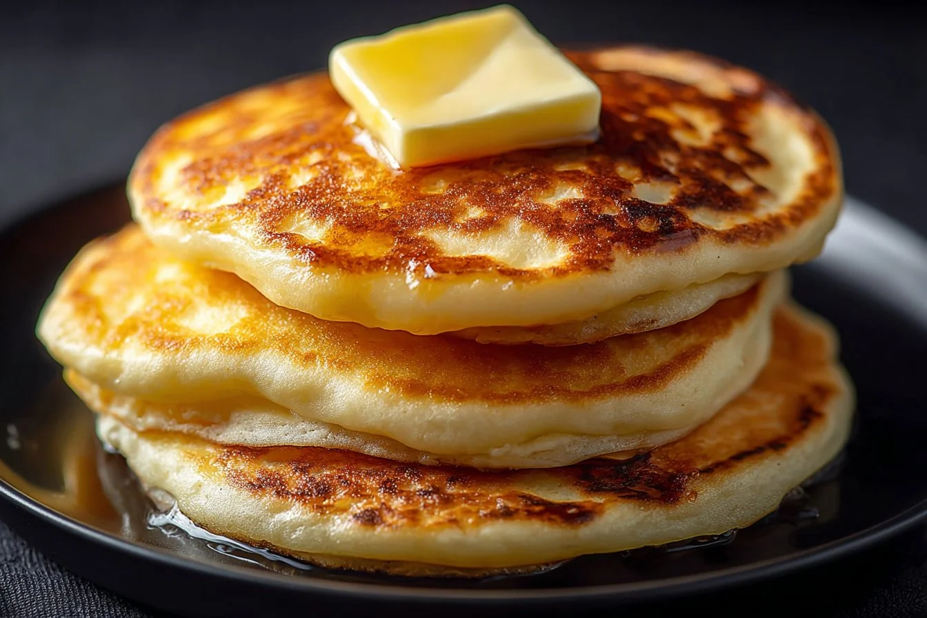 Delicious old fashioned pancakes stacked on a plate with syrup and butter
