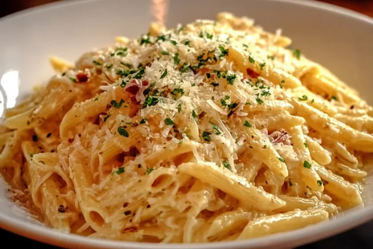 One Pot Creamy Garlic Pasta garnished with parsley and served in a bowl